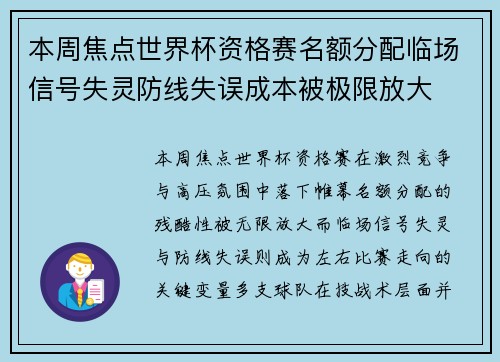 本周焦点世界杯资格赛名额分配临场信号失灵防线失误成本被极限放大